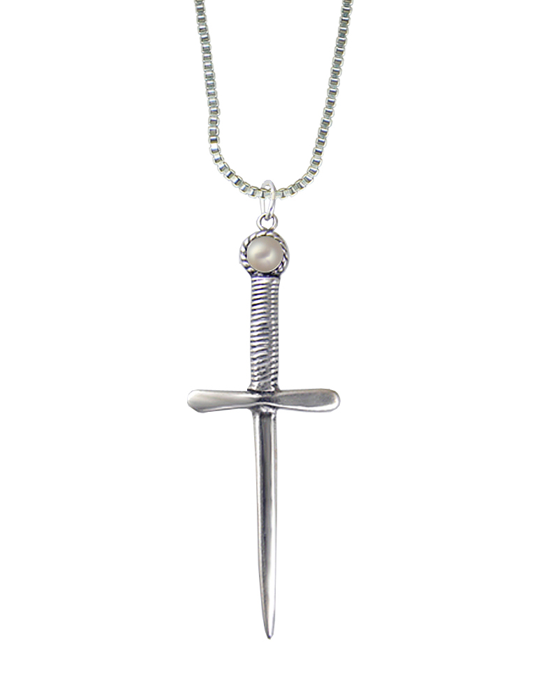 Sterling Silver Queen's Protector Knife Dagger Pendant With Cultured Freshwater Pearl